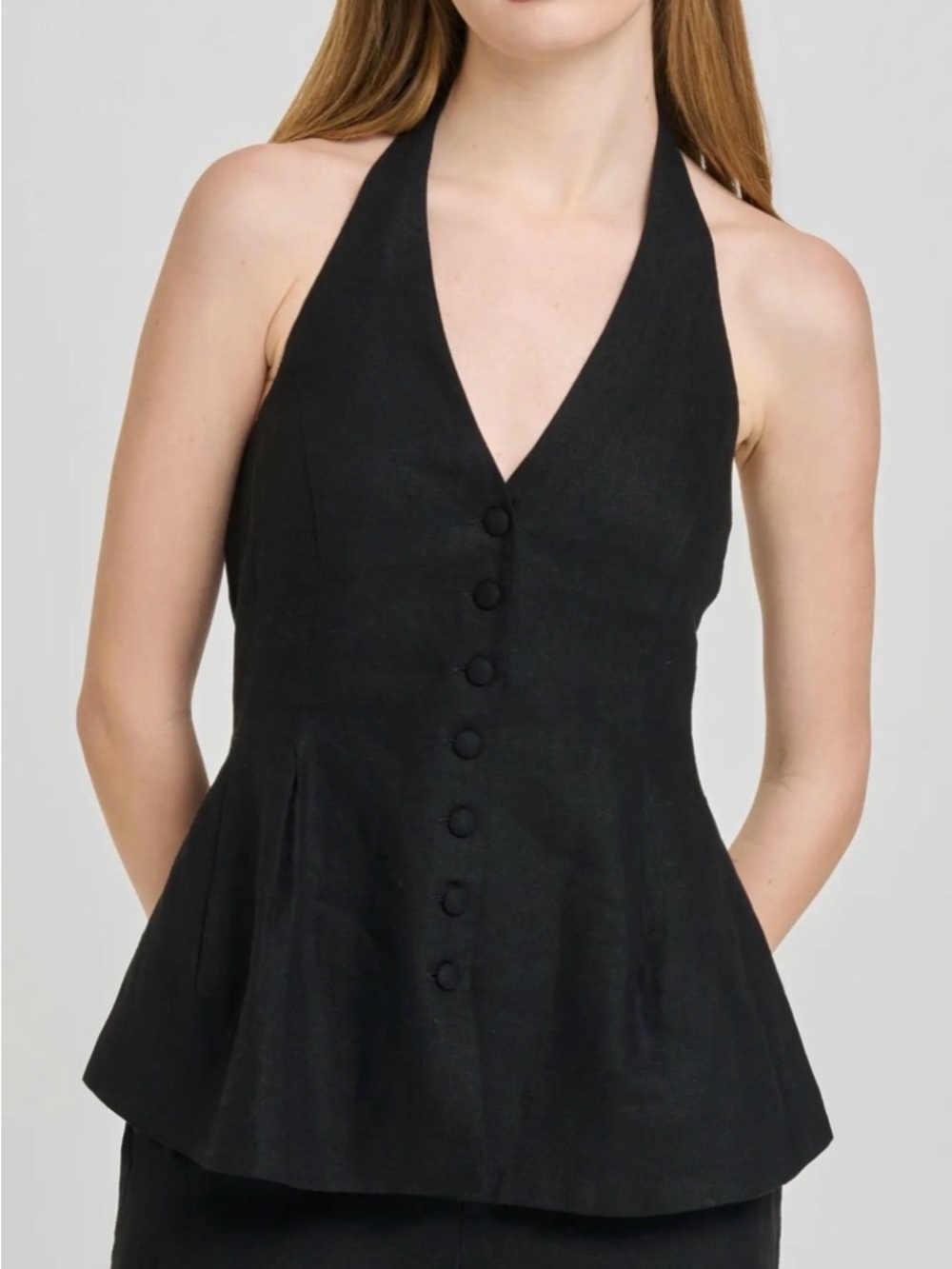 Wayf Black Paloma Button-Up Peplum Halter Top XS
